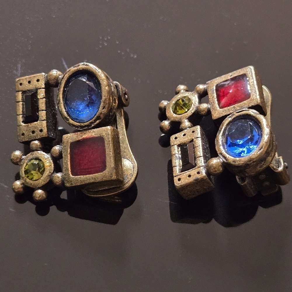 Chico's Vintage 1980s Clip-On Earrings with Blue and Red Green Stones In Brozen - Picture 11 of 16